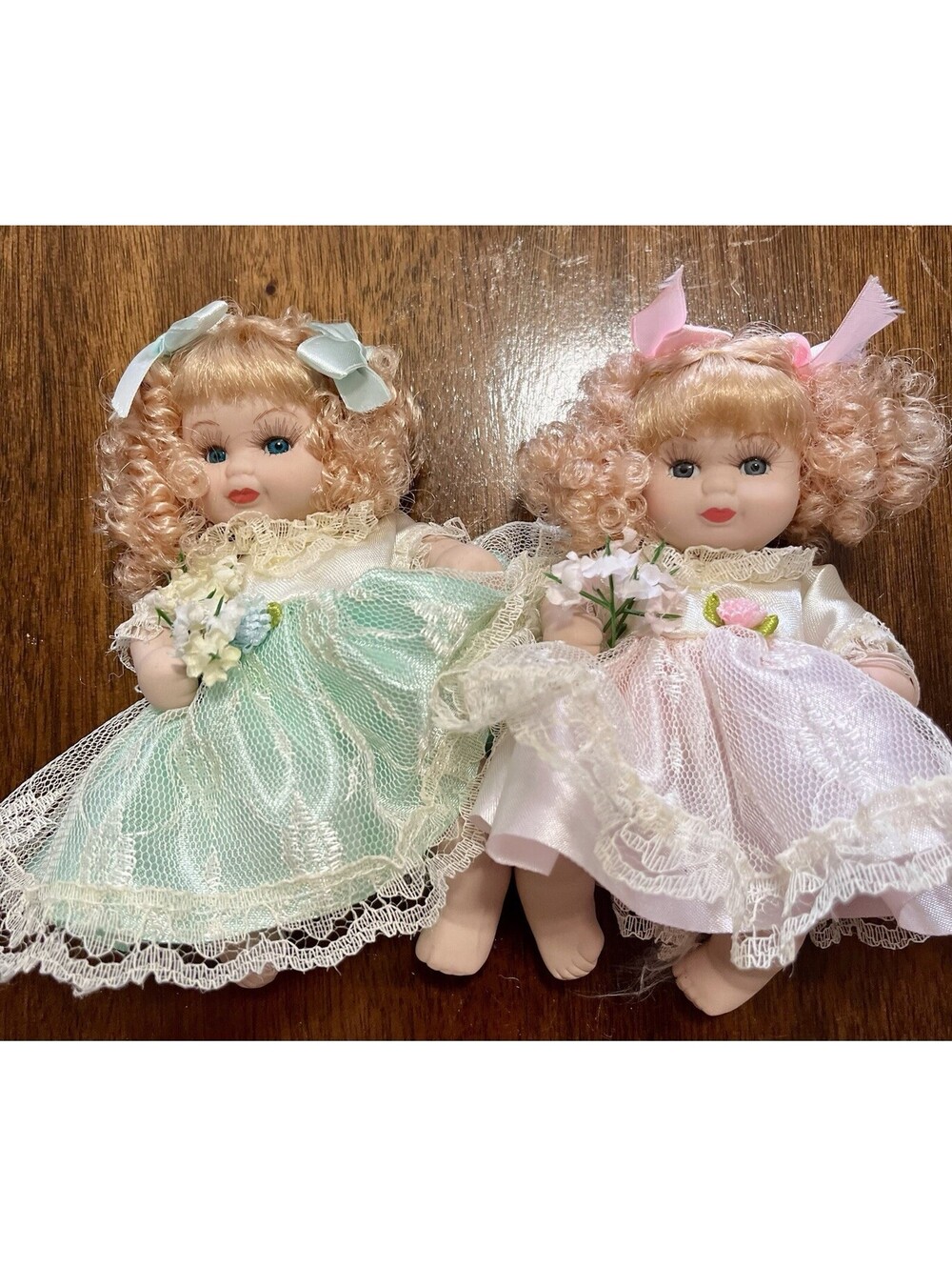Vintage 6" Miniature Porcelain Twin Dolls - Mint Green & Pink Lace Dresses